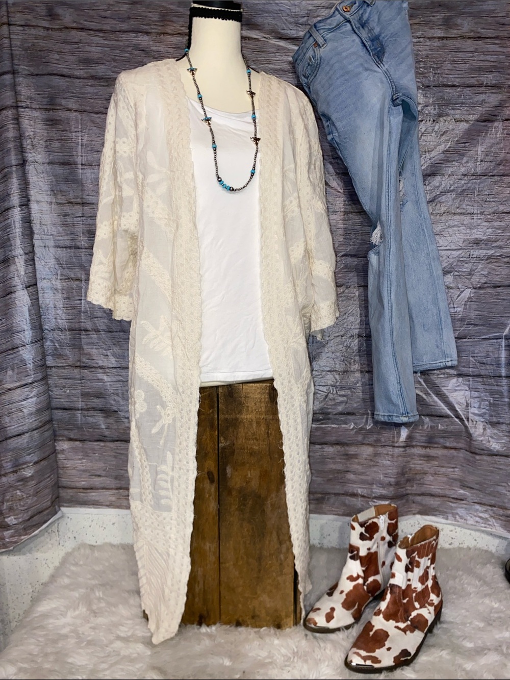 Woven Heart Cream Kimono Top